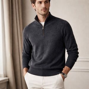 The Cashmere Project Men's Black Gray 100% Cashmere Knit Half Zip Sweater Size S